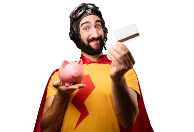 piggy banka ve kredi kartı ile süper kahraman