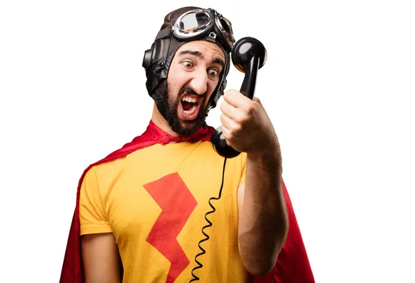Super herói louco com telefone — Fotografia de Stock