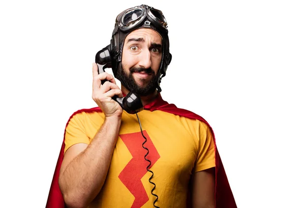 Сумасшедший супергерой с телефоном — стоковое фото