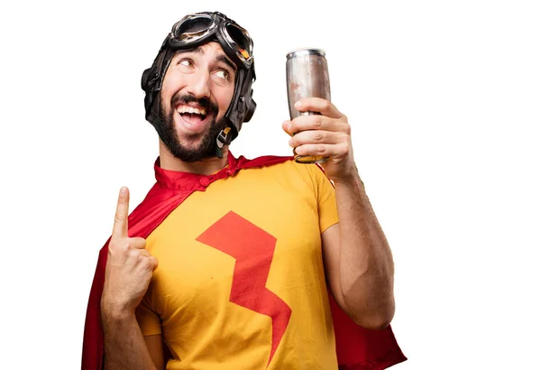 Crazy superhjälte med öl — Stockfoto