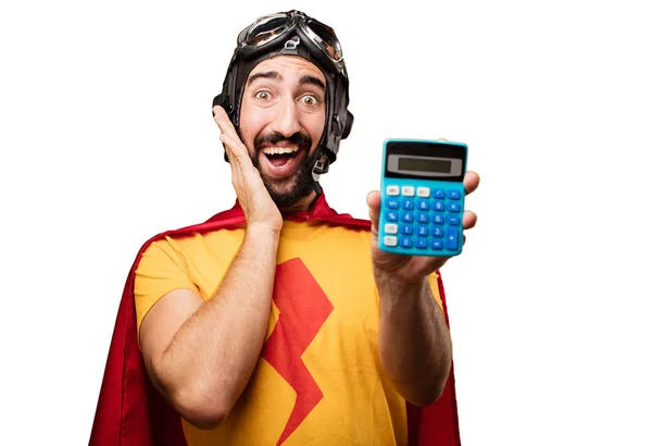 Crazy super hrdina s kalkulačkou — Stock fotografie