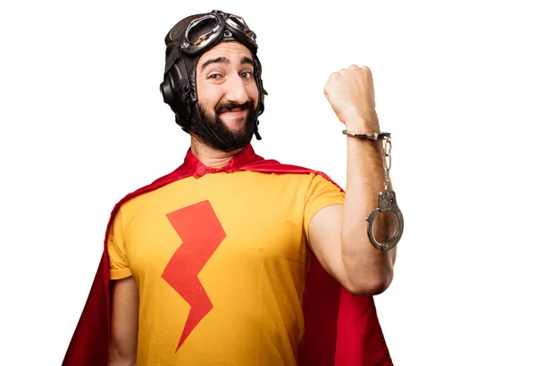 Crazy super hero with handcuffs — Stock Photo, Image