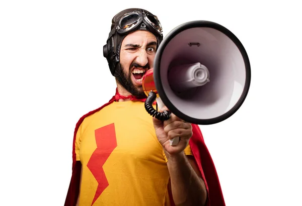 Superhéroe loco con un megáfono — Foto de Stock
