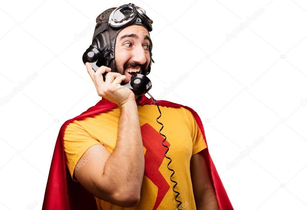 crazy super hero with phone