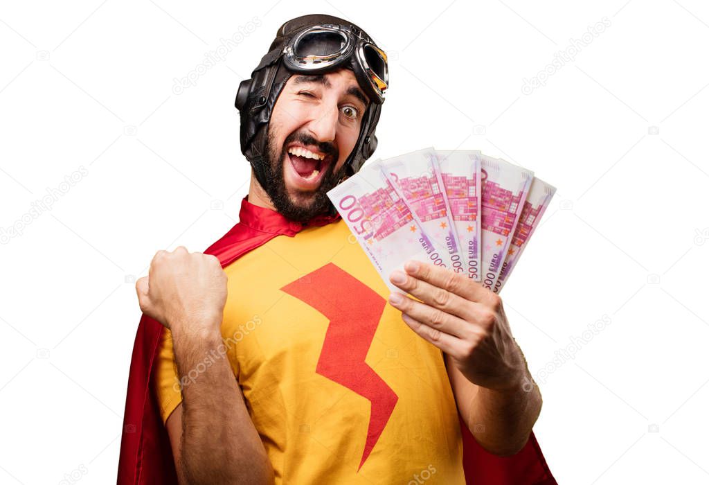 crazy super hero with 500 euro bills