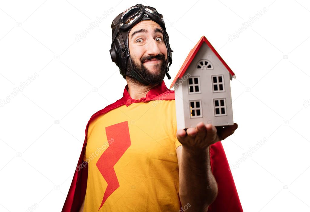 crazy super hero with a house model