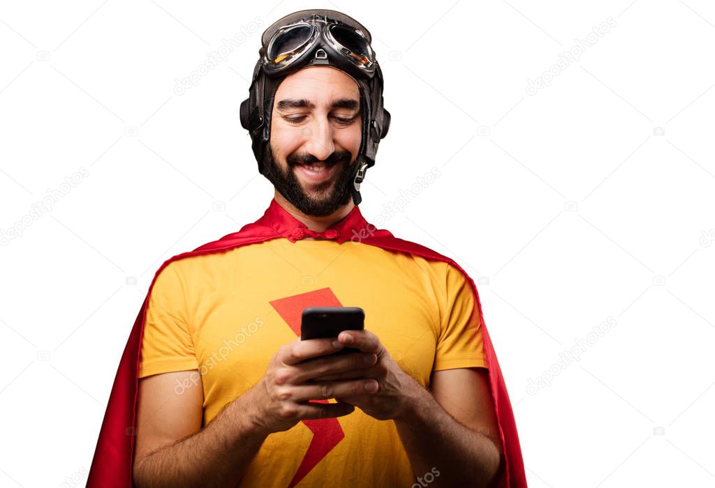 crazy super hero with mobile phone