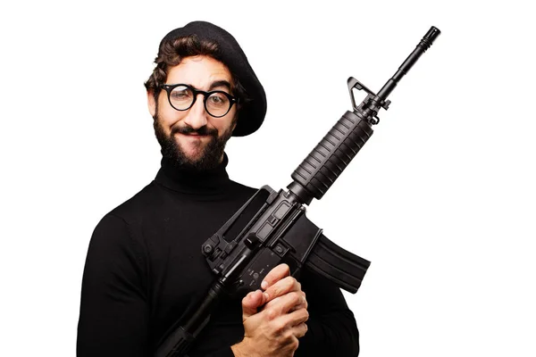 Young french artist with a gun — Stock Photo, Image