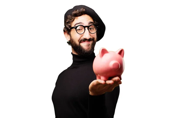 Young french artist with piggy bank — Stock Photo, Image