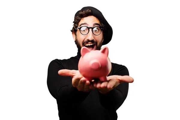 Young french artist with piggy bank — Stock Photo, Image