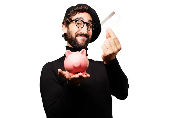 Artista francês com banco porquinho e cartão de crédito — Fotografia de Stock