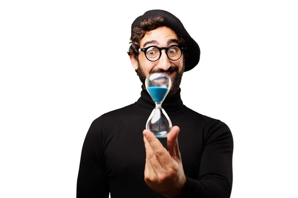 Young french artist with sand clock — Stock Photo, Image