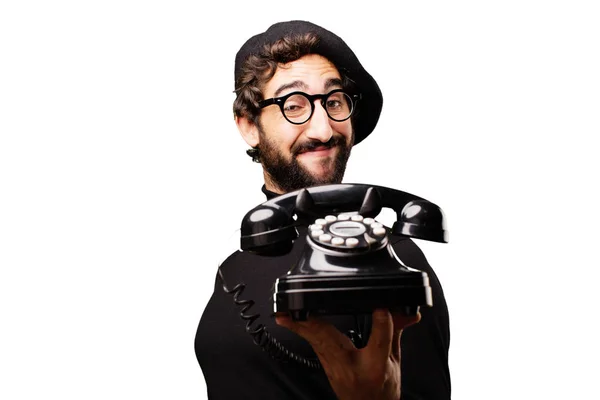 Young french artist with vintage phone — Stock Photo, Image