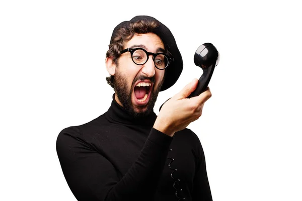 Young french artist with vintage phone — Stock Photo, Image