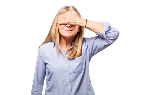 Senior beautiful woman covering eyes — Stock Photo, Image