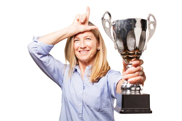 Senior beautiful woman with sport cup — Stock Photo, Image