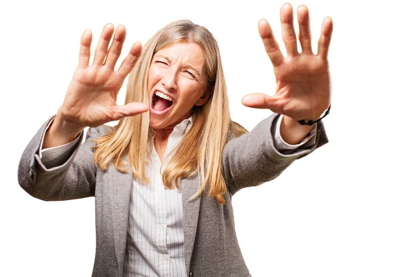 Senior beautiful woman with stop sign — Stock Photo, Image