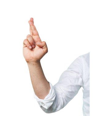 Genç komik adam parmak çarpı işareti  