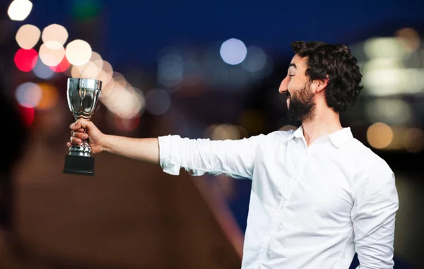 Young funny man with sport cup — Stock Photo, Image