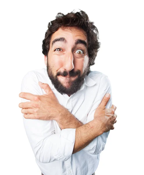 Funny man scared in worried pose — Stock Photo, Image