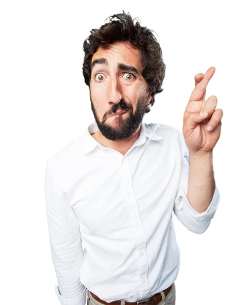 Man finger crossed with sad expression — Stock Photo, Image
