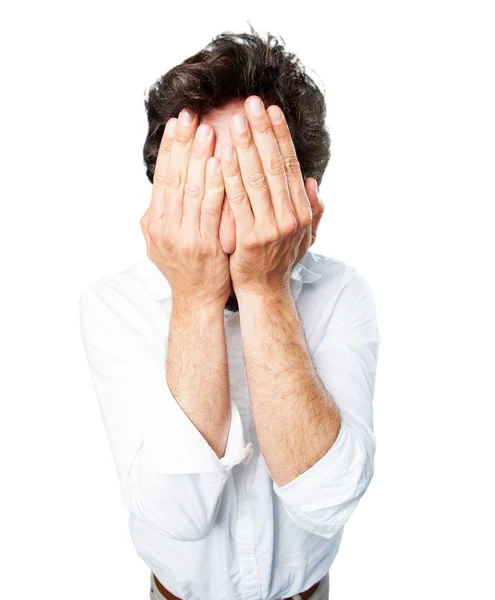 Hombre cubriendo los ojos con expresión en desacuerdo —  Fotos de Stock