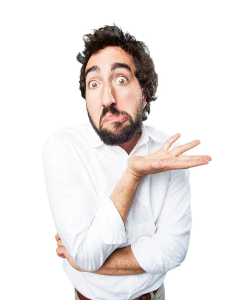 Mann in verwirrter Pose mit überraschtem Gesichtsausdruck — Stockfoto
