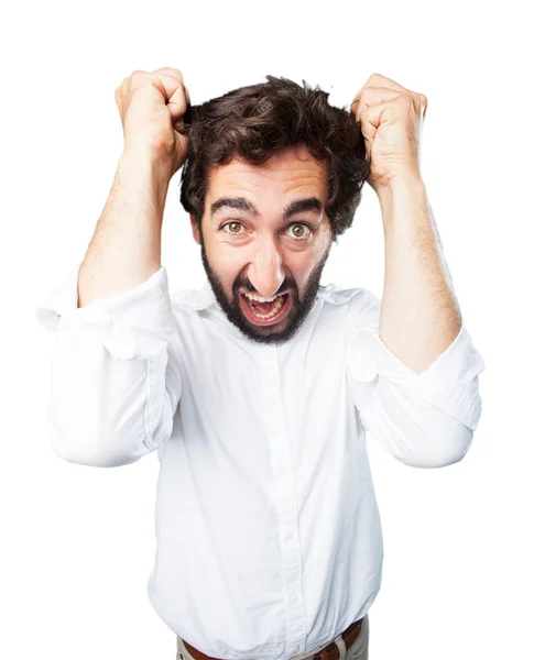 Mannen i rädd pose med oense uttryck — Stockfoto