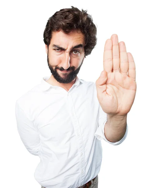 Man with stop gesture and disagree expression — Stock Photo, Image