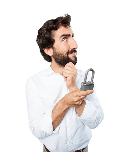 Man with lock and worried expression — Stock Photo, Image