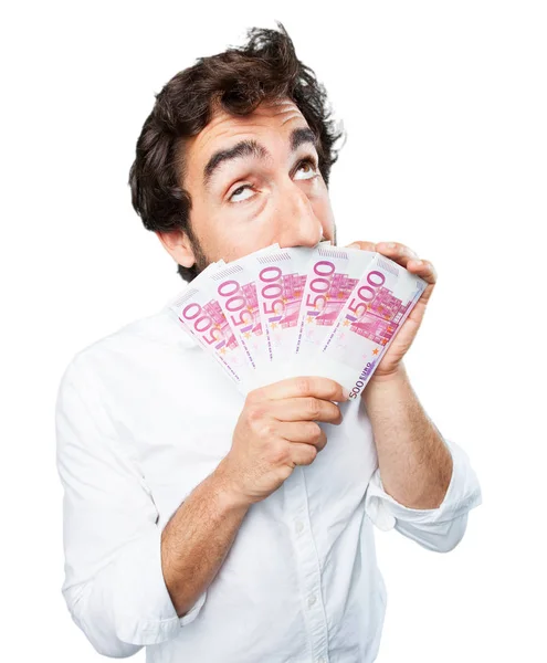 Young funny man with bills — Stock Photo, Image