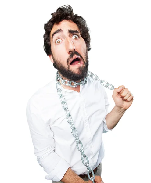 Uomo divertente con catena in posa preoccupato — Foto Stock