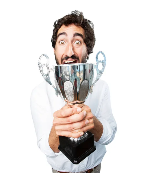 Man with a cup and surprise expression — Stock Photo, Image