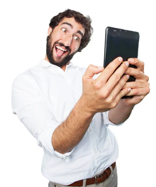 Tânăr amuzant om cu ecran tactil tabletă — Fotografie, imagine de stoc