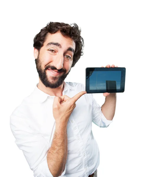 Junger lustiger Mann mit Touchscreen-Tablet — Stockfoto