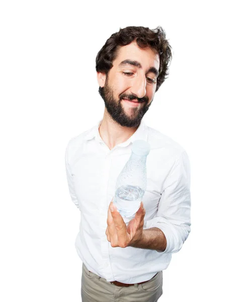 年轻有趣的人与水的瓶子 — 图库照片