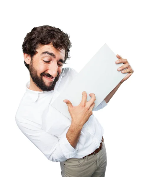 Young funny man with a placard — Stock Photo, Image