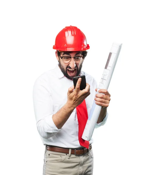 Architect met mobiele telefoon en niet eens expressie — Stockfoto