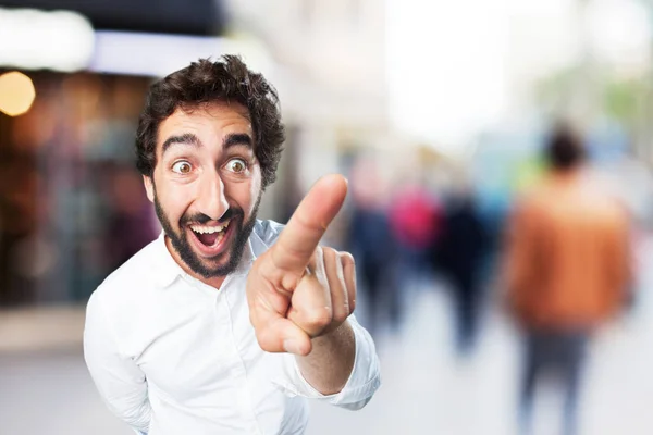 Young funny man touching screen — Stock Photo, Image