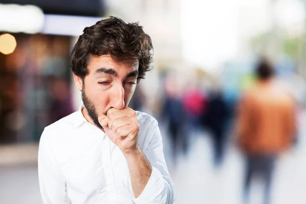 Homem com mão na tosse pose e expressão triste — Fotografia de Stock