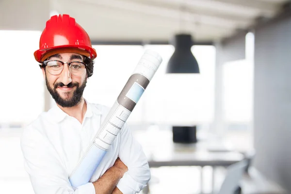 Arquiteto engraçado com planta em pose orgulhosa — Fotografia de Stock