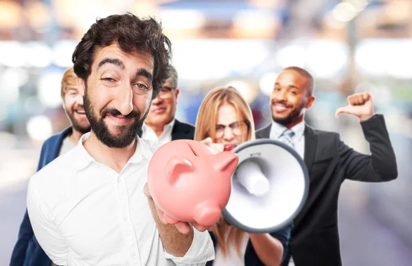 Young funny man with piggy bank — Stock Photo, Image