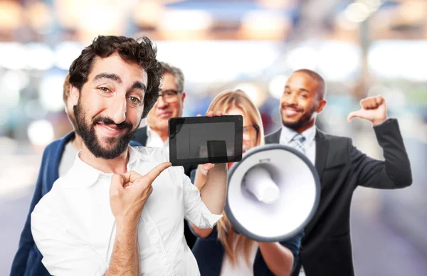 Legrační mladík s dotykové obrazovky tabletu — Stock fotografie