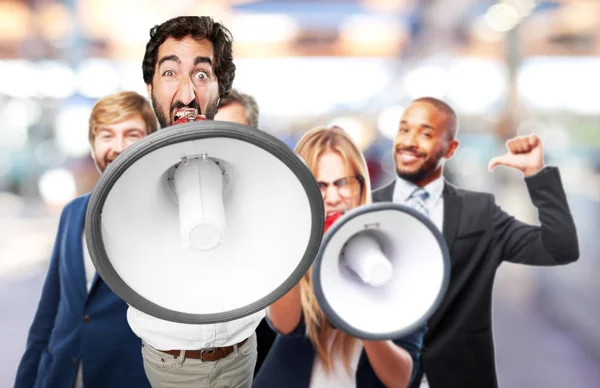 man with megaphone and disagree expression
