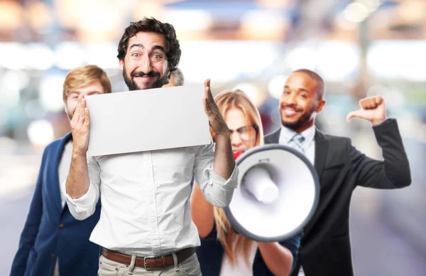 Joven divertido hombre con pancarta — Foto de Stock