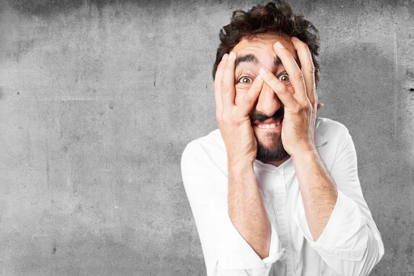 Hombre en pose de miedo con expresión triste — Foto de Stock