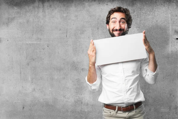 Joven divertido hombre con pancarta — Foto de Stock