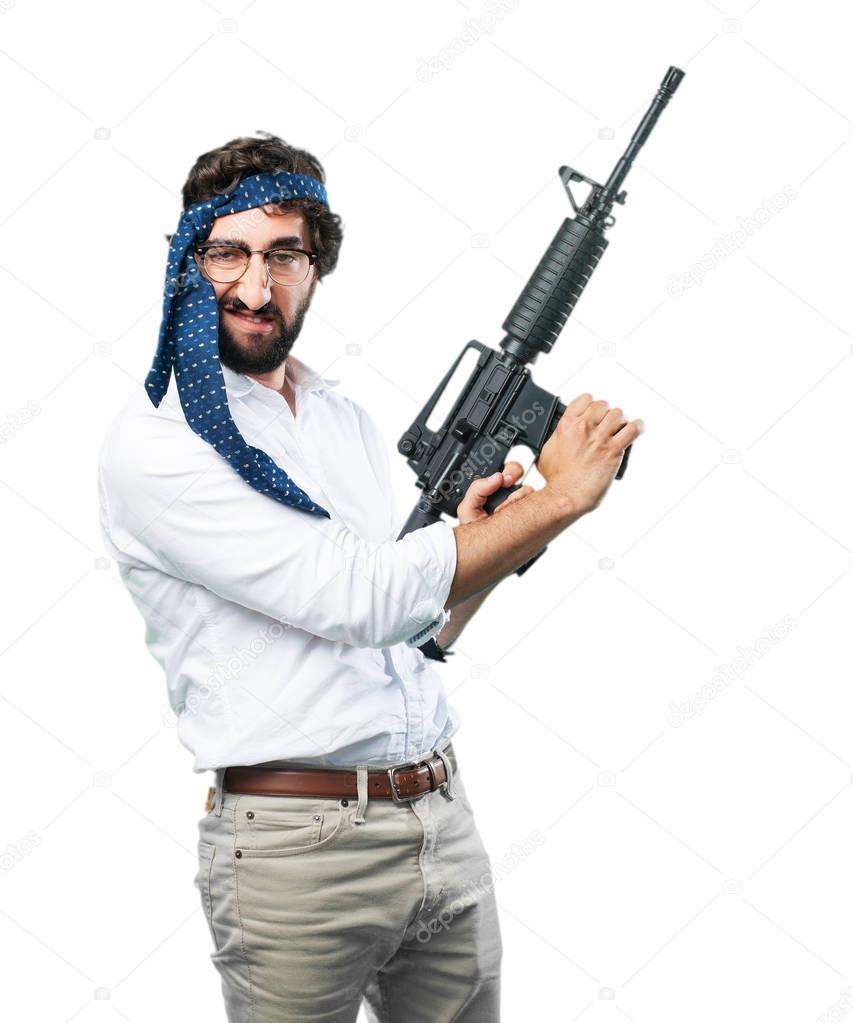 man with machine gun and disagree expression