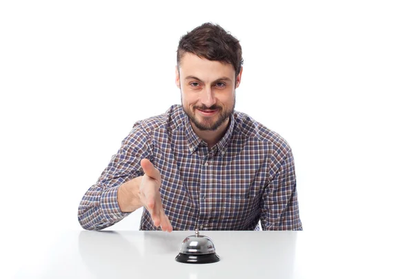 Junger glücklicher Geschäftsmann mit Klingelschild — Stockfoto