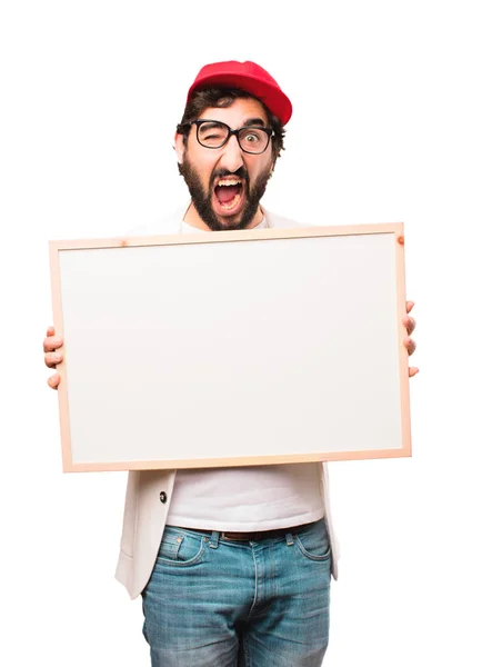 Joven empresario loco con pancarta — Foto de Stock